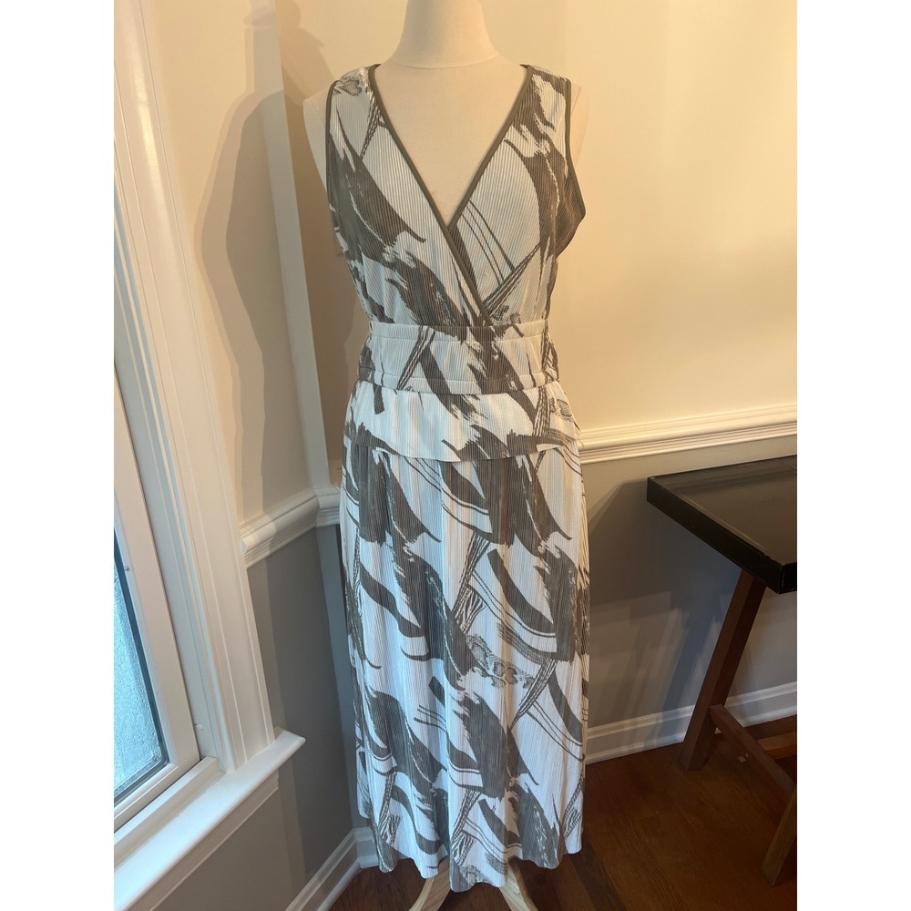 DKNY Ribbed Sleeveless Midi Dress Olive Green White Tropical Print Size Small